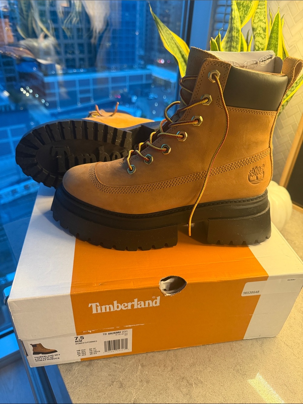 NWT Timberland Sky 6in Lace Up Wheat Nubuck Boots with Chunky Sole